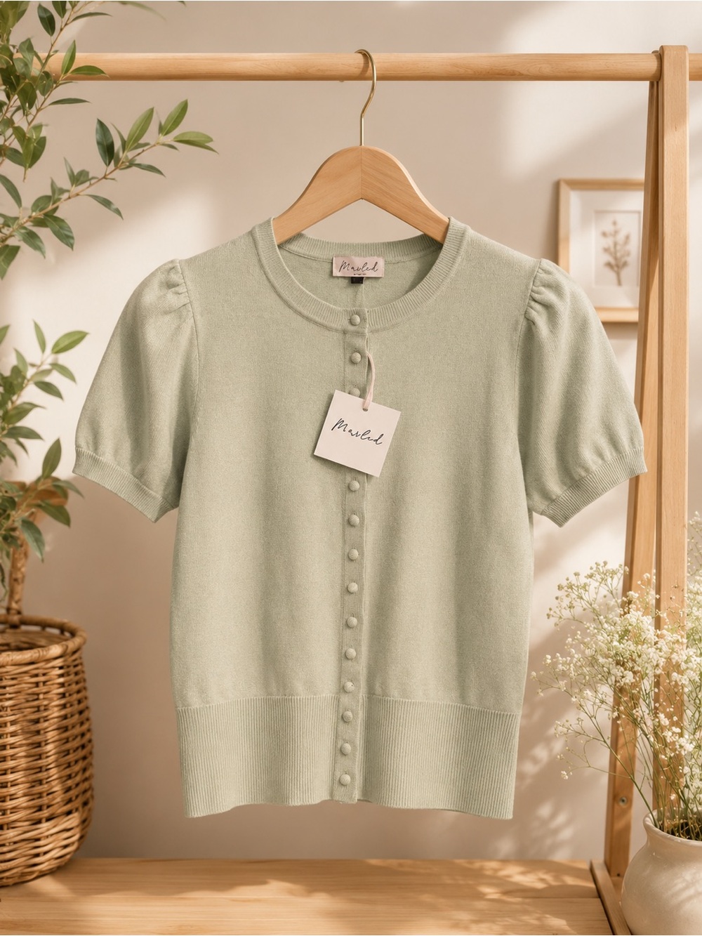 Marled Sage Green Short Sleeve Button Cardigan